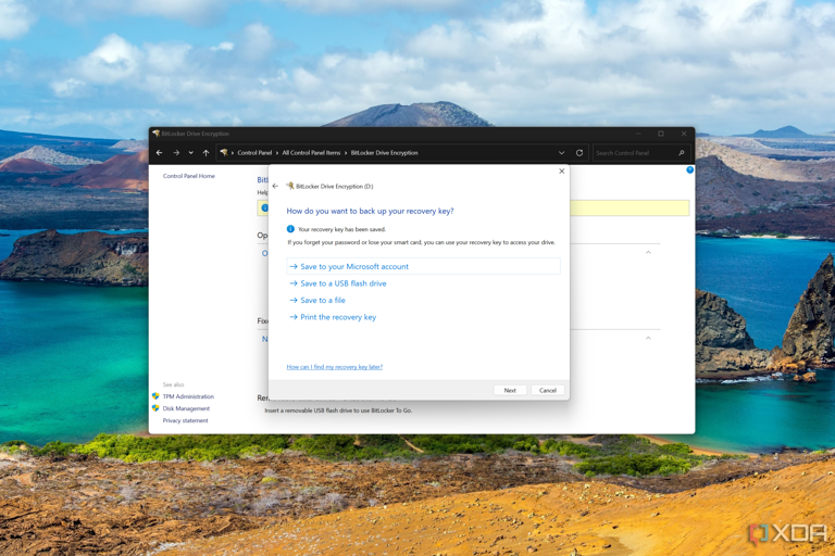 Screenshot of BitLocker setup asking the user where to store the recovery key
