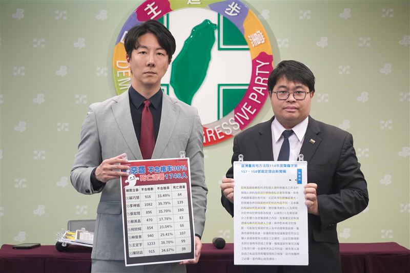 民進黨發言人吳崢（圖左）、律師黃帝穎（圖右）今（24）日召開「國民黨大搞幽靈連署！藍營縣市選委會別護航！」記者會。（圖／民進黨提供)