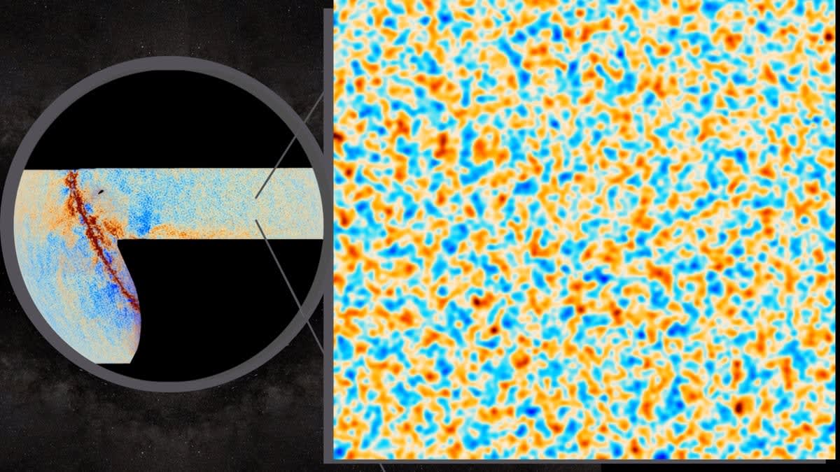 A piece of the new image that shows the vibration directions (or polarization) of the radiation. The zoom-in on the right is 10 degrees high. Polarized light vibrates in a particular direction; blue shows where the surrounding light’s vibration directions are angled towards it, like spokes on a bicycle; orange shows places where the vibration directions circle around it. (Image credit: ACT Collaboration; ESA/Planck Collaboration.)