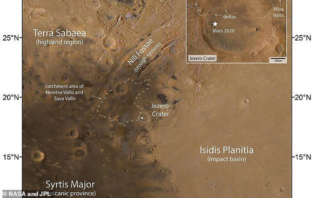 The Jezero Crater is a 28-mile-wide region on Mars that may have once been flooded with water