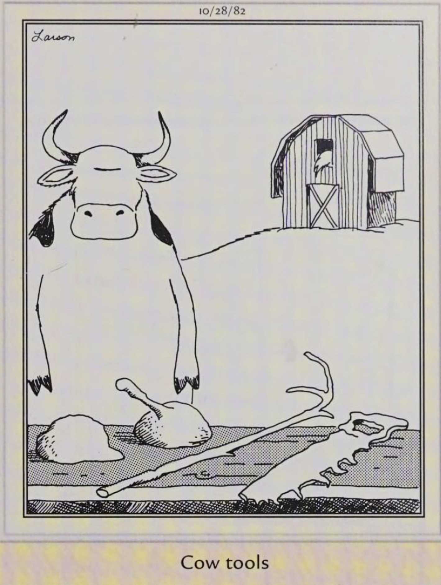 Far Side, October 28, 1982, a cow stands in front of a table with 'Cow Tools' on it