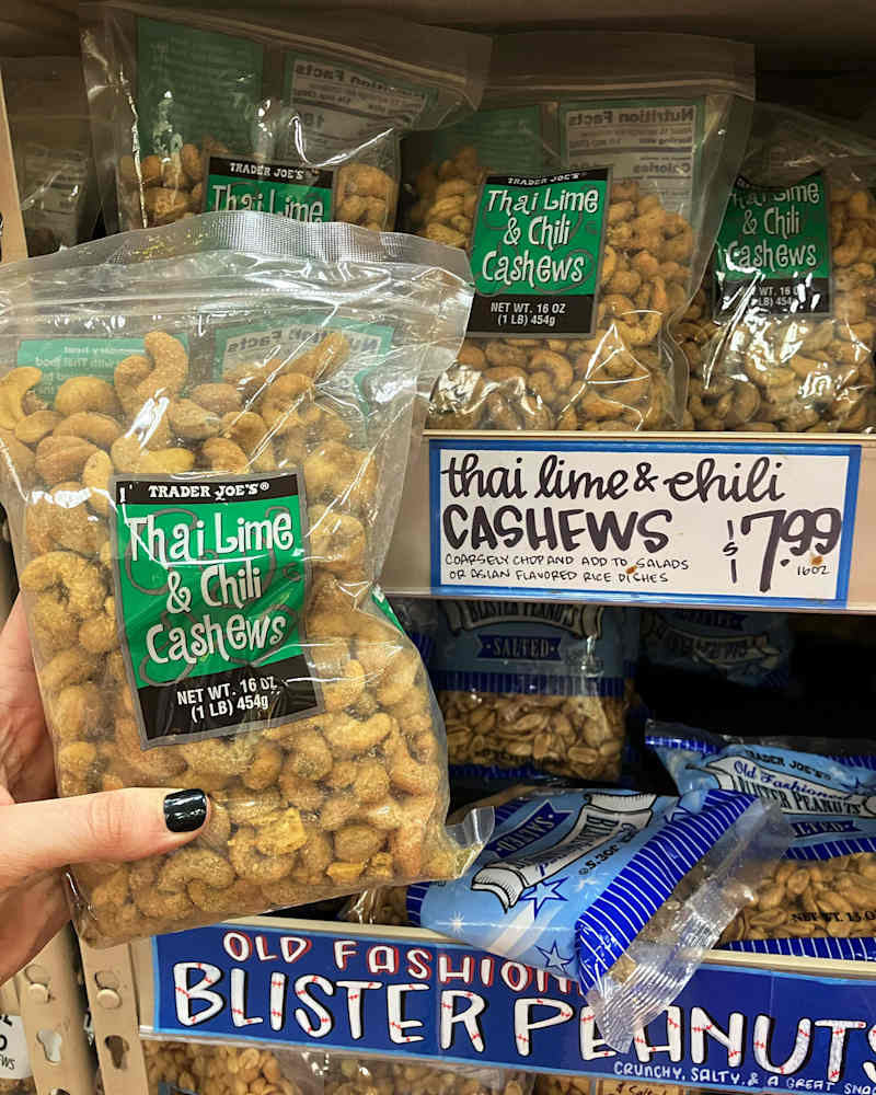 Thai Lime & Chili Cashews on shelf at Trader Joe's store