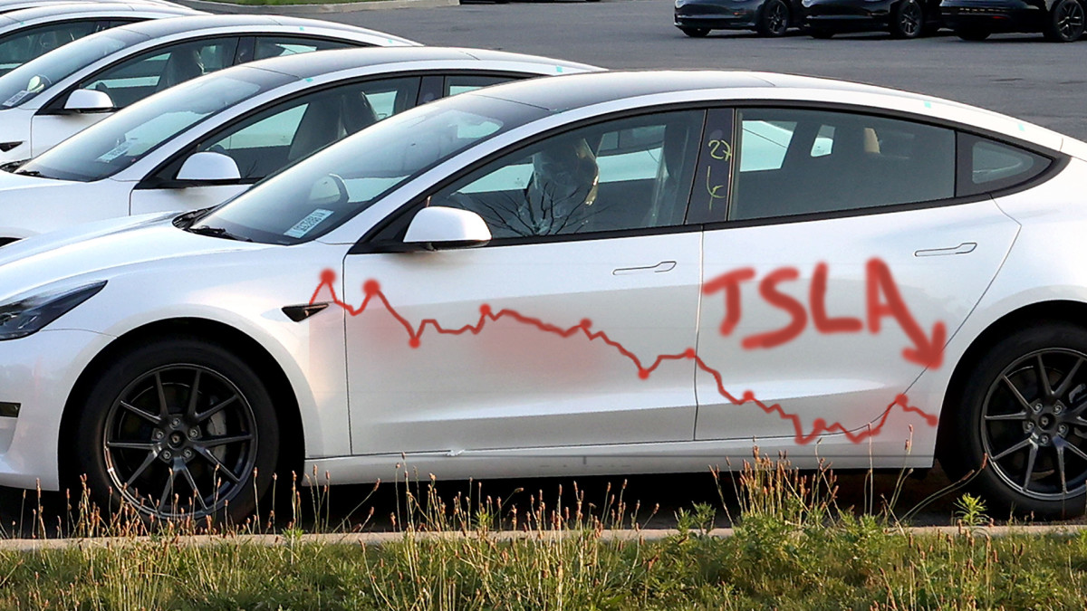 Tesla stock has been falling lately as negative consumer sentiment rises in response to Elon Musk's actions. TheStreet/Getty