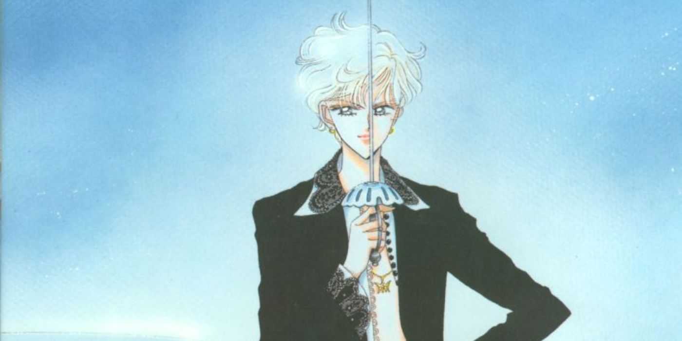 Haruka, Sailor Uranus, leaning on her car and holding her sword in Sailor Moon.