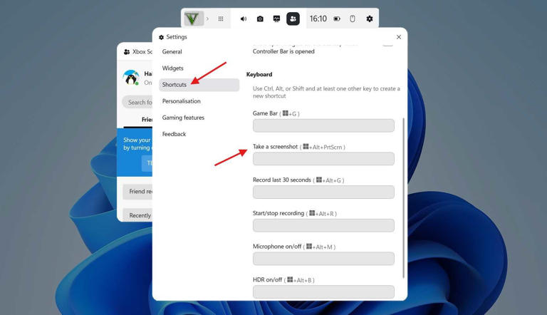 Game Bar settings window.