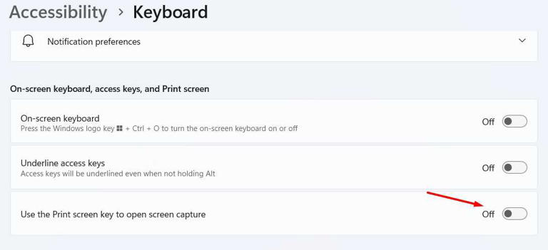 Use the Print Screen key to open screen capture toggle in the Settings app.