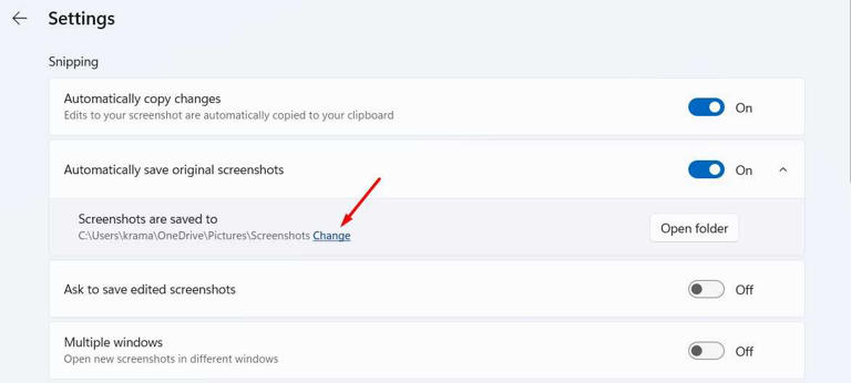 Change button in the Snipping Tool Settings window.