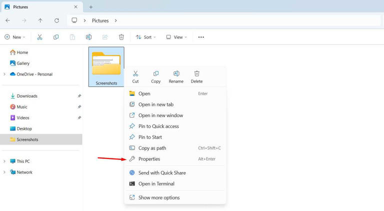 Properties option in the context menu.