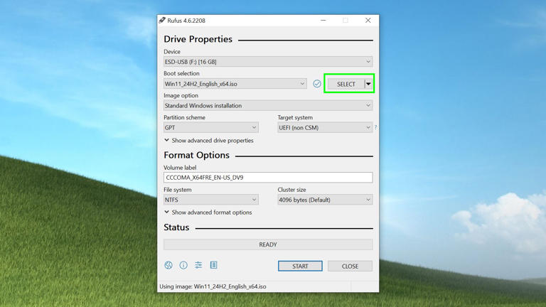 Rufus running with the select ISO button highlighted in green