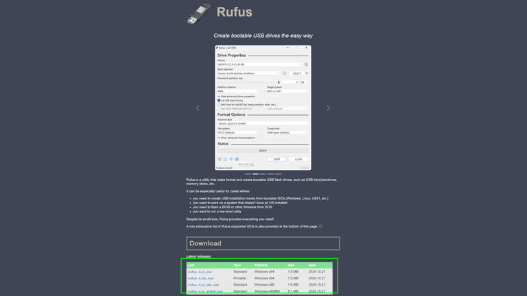 The website of the Rufus tool with the download section highlighted in green