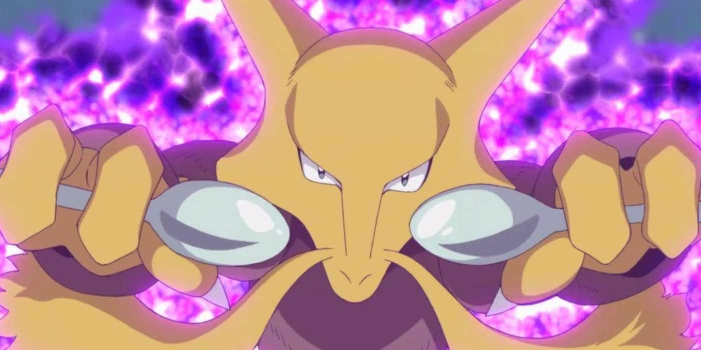 Alakazam baring its spoons and surrounded by psychic energy in the Pokémon anime.