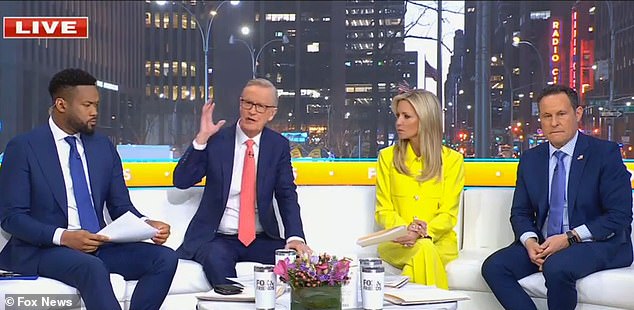 Fox News 's tariff freak-out continued Wednesday - with a fierce debate seen on Fox and Friends. Pictured, host Steve Doocy (second from left) arguing against Trump's tariffs with fellow anchors (l-r) Lawrence Jones, Ainsley Earhardt, and Brian Kilmeade