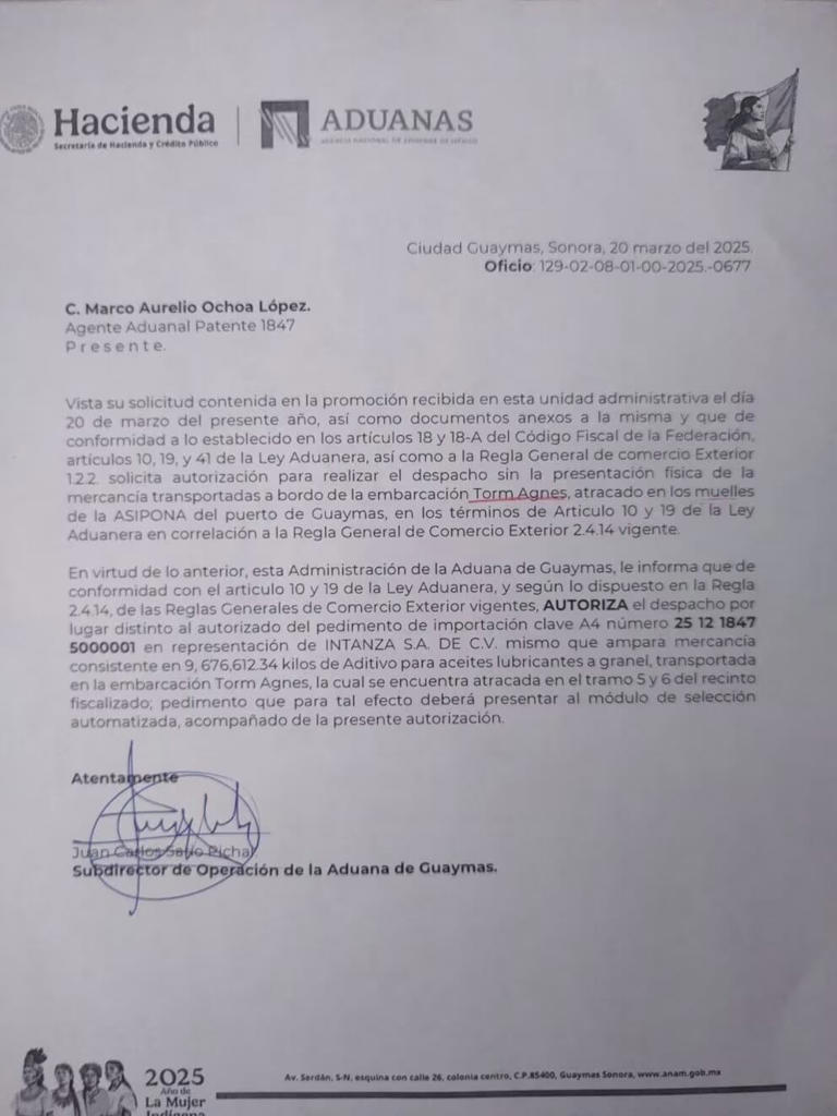 Captura del oficio donde presuntamente se solicita la autorización para el ingreso de el ingreso de "aditivo de aceites lubricantes a granel" por la aduana de Guaymas, Sonora. | Especial