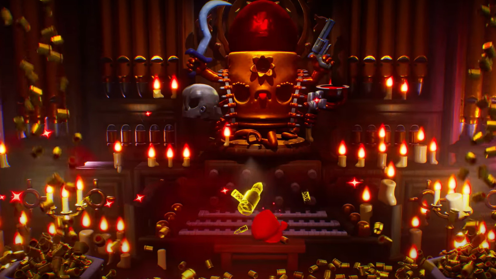 A red hooded figurer playing a piano surrounded by golden bullets during the trailer for the upcoming Switch 2 game, Enter the Gungeon 2