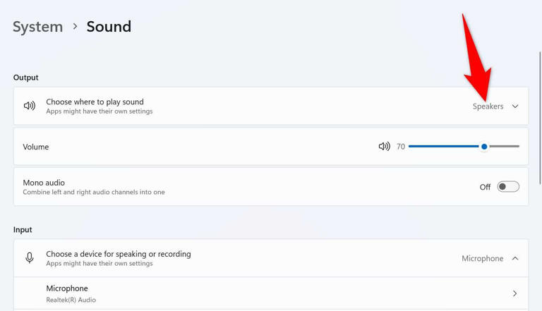 "Choose Where to Play Sound" highlighted in Windows 11 Settings.