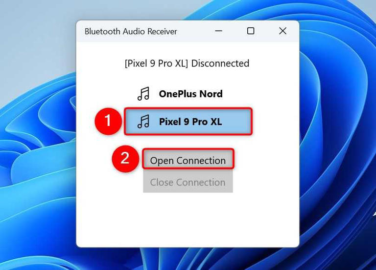 A Bluetooth device and "Open Connection" highlighted in Bluetooth Audio Receiver.