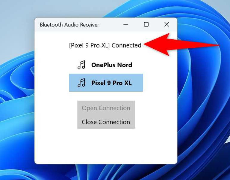 "[Device Name] Connected" highlighted in Bluetooth Audio Receiver.