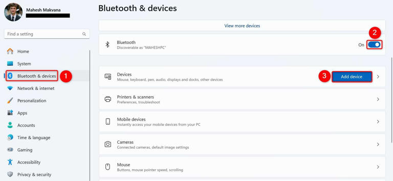 "Bluetooth & Devices," "Bluetooth," and "Add Device" highlighted in Windows 11 Settings.