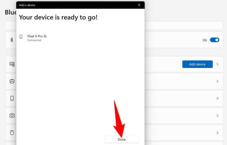"Done" highlighted on the "Add a Device" window.