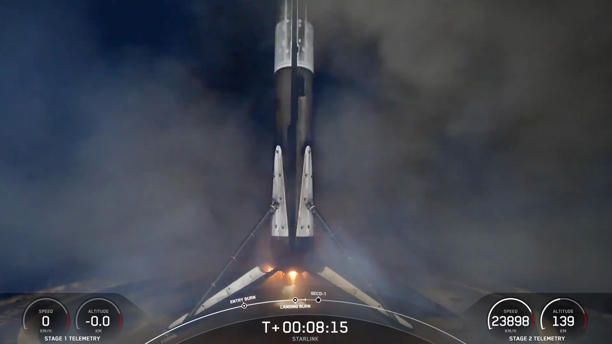 The Falcon 9 rests on the deck of a drone ship at sea shortly after its touchdown on April 12, 2025. (Image credit: SpaceX)