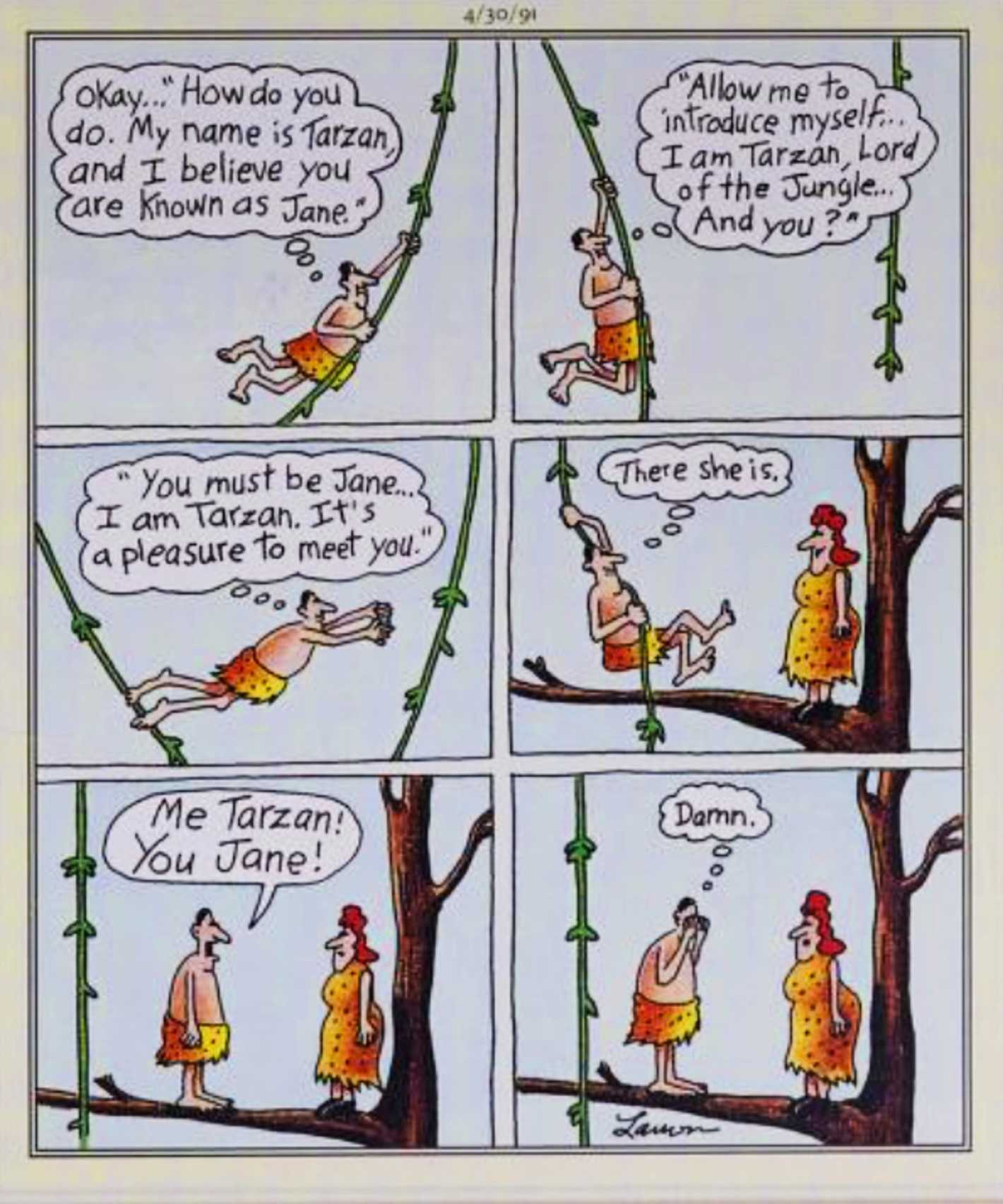 Far Side, April 30, 1990, Tarzan forgets the speech he planned to woo Jane