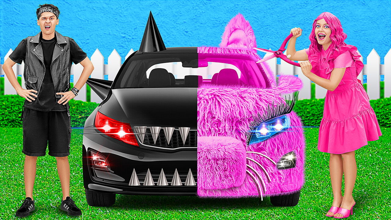PINK CAR VS BLACK CAR CHALLENGE 💖🖤 Extreme Car Makeover for Dolls😱
