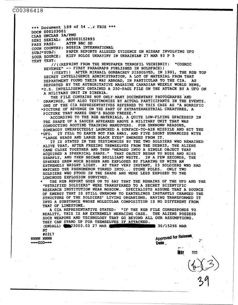 The CIA reviewed a 250-page report from the Soviet Union recounting a deadly clash between aliens and their soldiers during a training exercise in Ukraine.