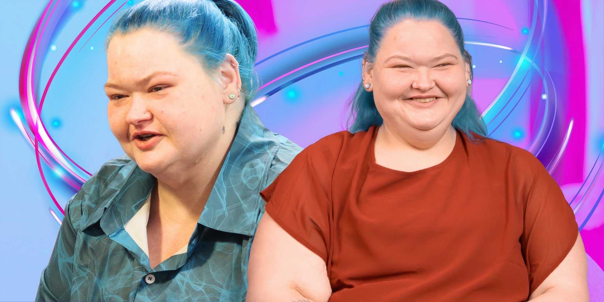 montage of 1000-Lb Sisters Amy Slaton laughing in front of a blue and pink background