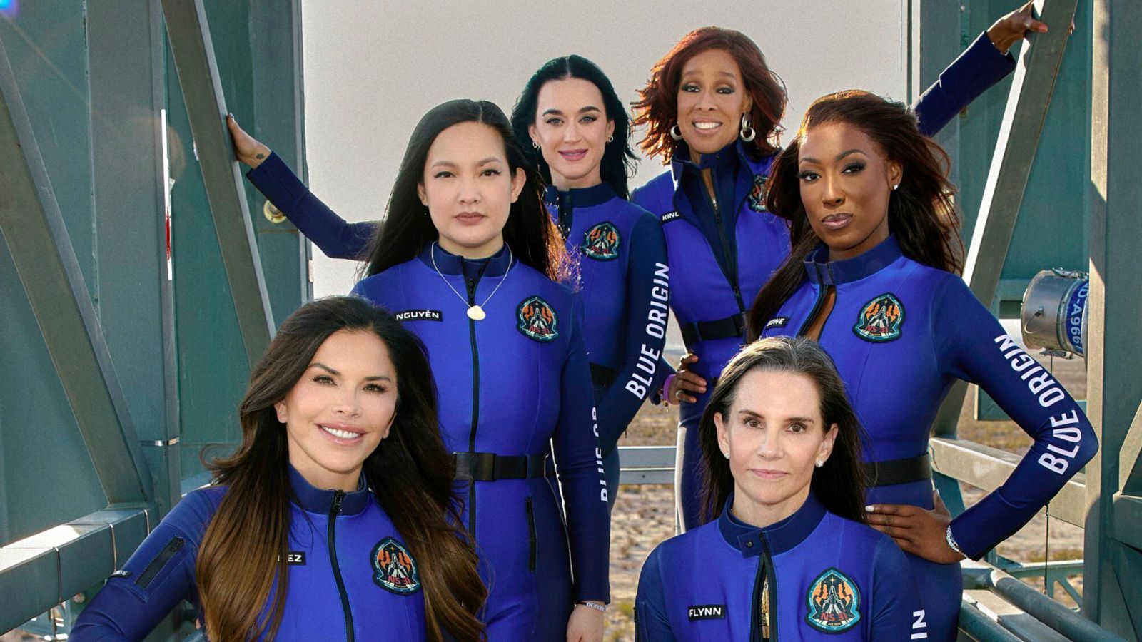 (Seated left to right) Lauren Sanchez and Kerianne Flynn, (standing left to right) Amanda Nguyen, Katy Perry, Gayle King and Aisha Bowe. Pic: Blue Origin