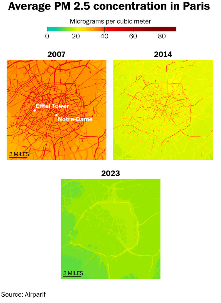 Paris said au revoir to cars. Air pollution maps reveal a dramatic change.