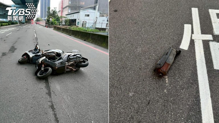 機車輾過掉落的排氣管後慘摔，旋即又被後車追撞。（圖／TVBS）