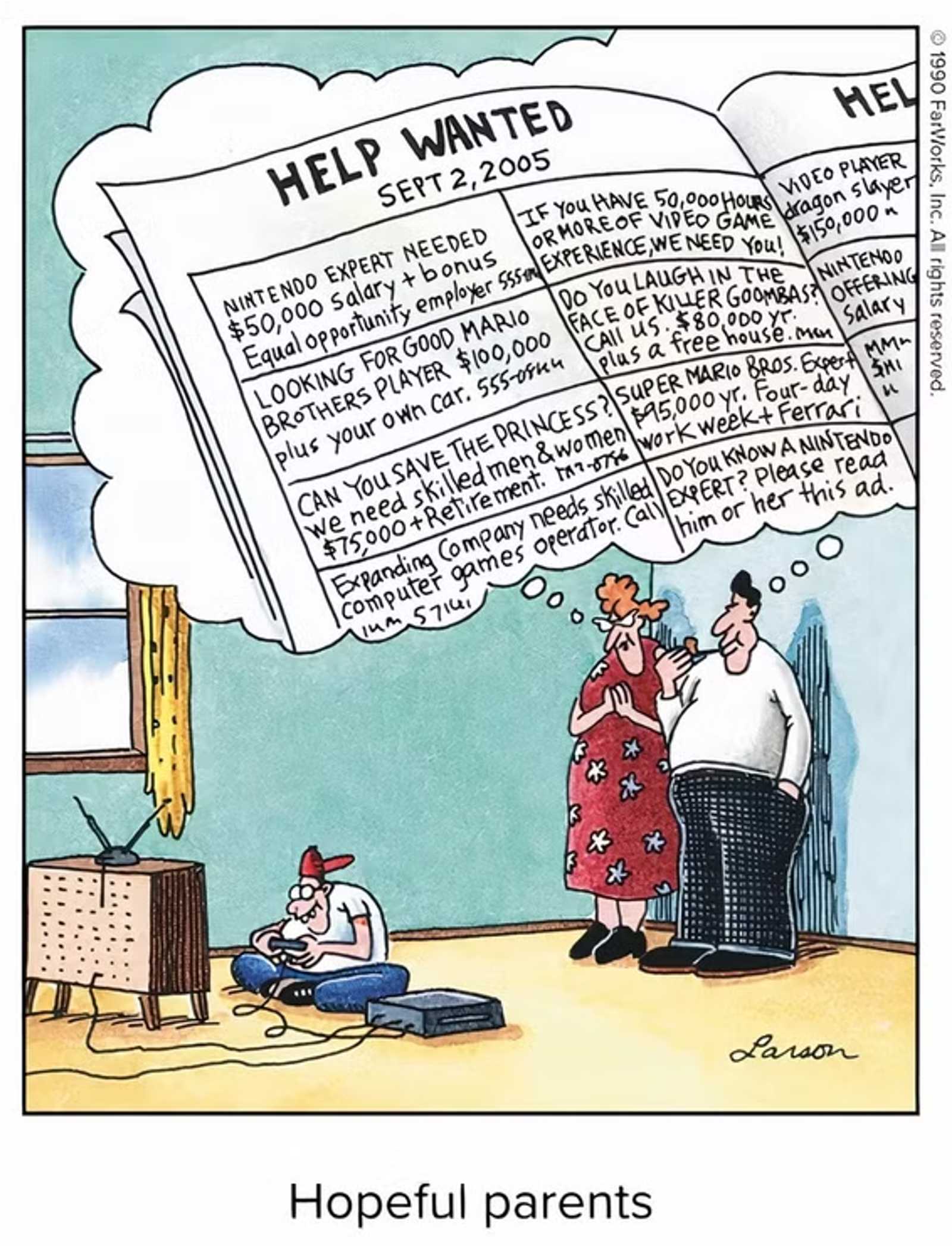 A set of parents is watching their kid play games and imagining possible related jobs in Gary Larson's The Far Side.