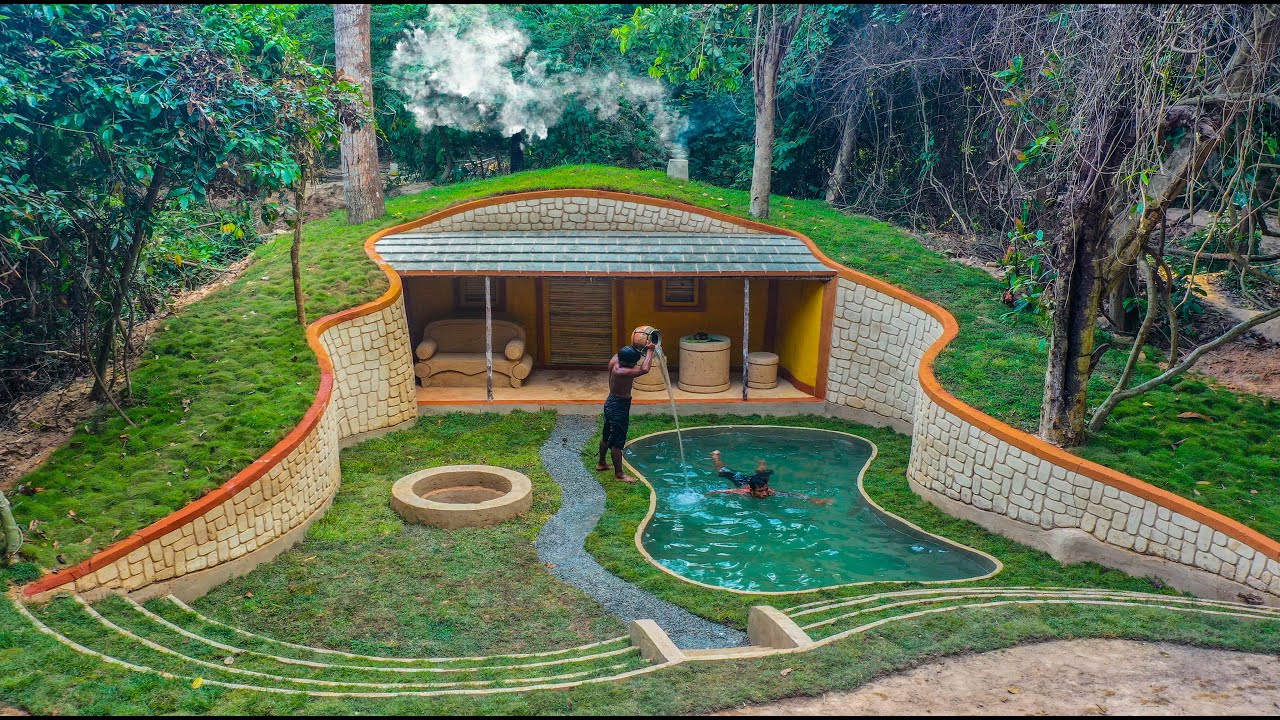 Primitive builders make a grass-roof hobbit house with a pool