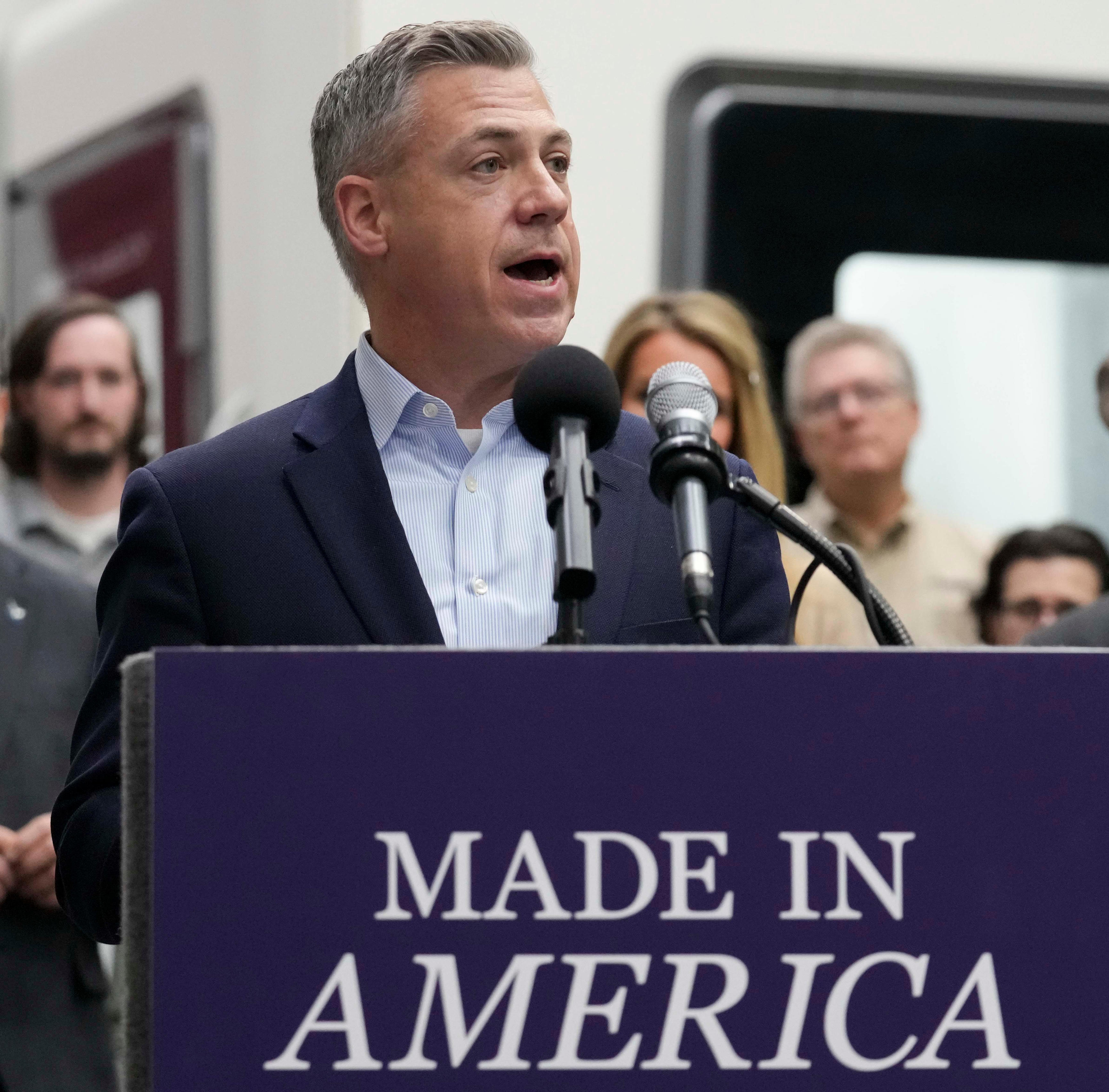 Indiana U.S. Sen. Jim Banks speaks during a visit and press conference from the Administrator of the Small Business Administration Kelly Loeffler on Monday, March 10, 2025, at Aerodyn Engineering in Indianapolis.