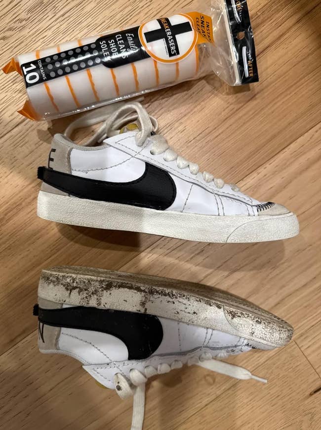 Two sneakers, one clean and one dirty, are shown with a package labeled