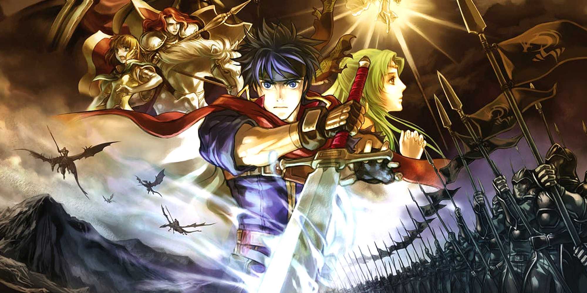 Fire Emblem Path of Radiance Art showing Marth in front of other characters, flying dragons, and an army.