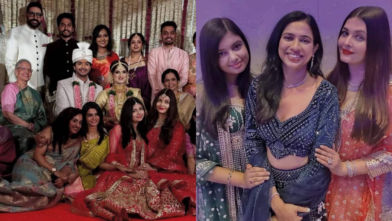 Aishwarya Rai, Abhishek Bachchan and Aaradhya pose with family members at the wedding festivities