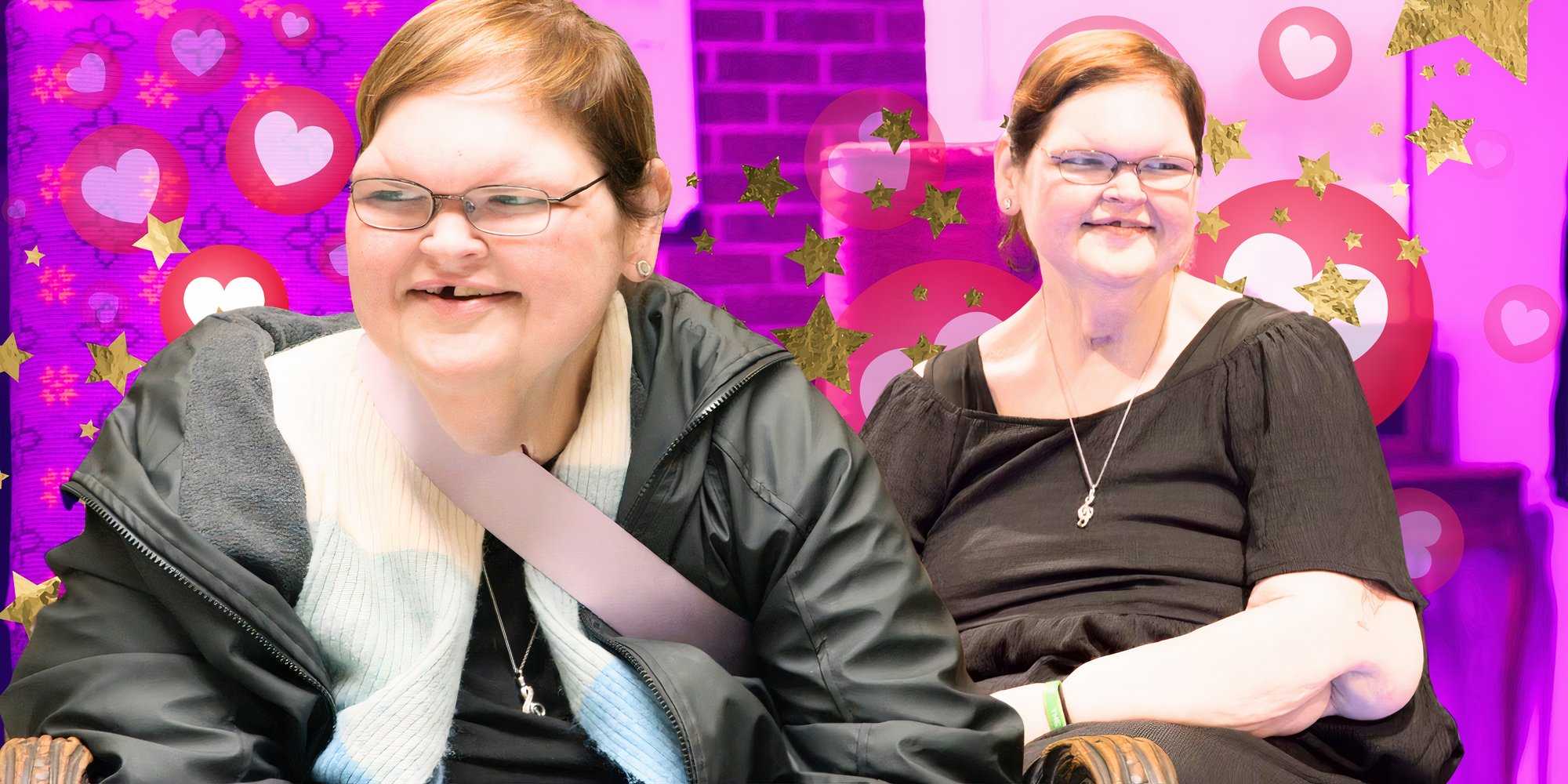 1000 lb sisters star tammy slaton dressed in black with montage with two poses and hearts in background