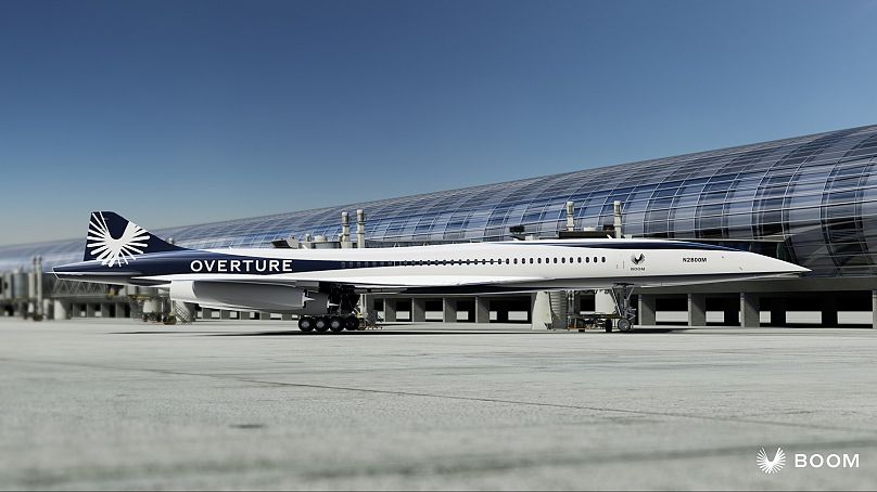 A mock-up of Boom's Overture aircraft in commercial service at Paris' Charles de Gaulle airport, France. Boom Supersonic
