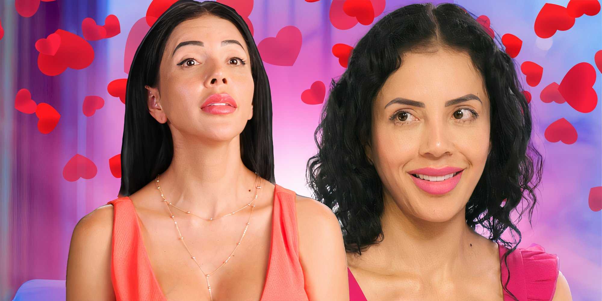 90 day fiance star jasmine pineda in montage wearing red and smilng with hearts in background