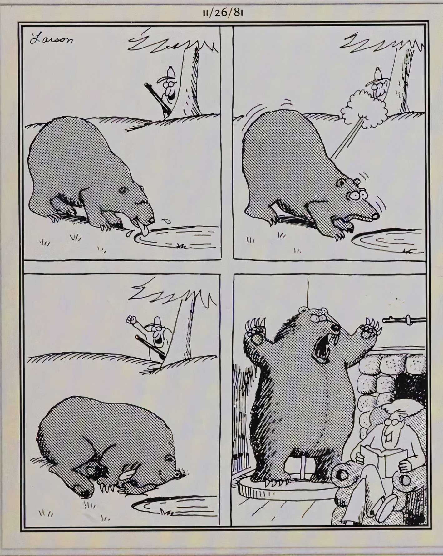 Far Side, November 26, 1981, a bear is shot while peacefully drinking at a pond and then stuff in a scary pose