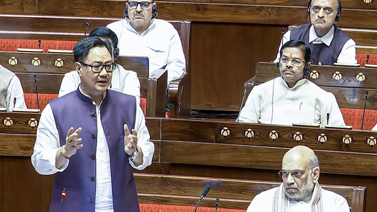 Union parliamentary affairs minister Kiren Rijiju moves a motion for consideration of Waqf (Amendment) Bill in Rajya Sabha during the Budget session of Parliament, in New Delhi on Thursday.
