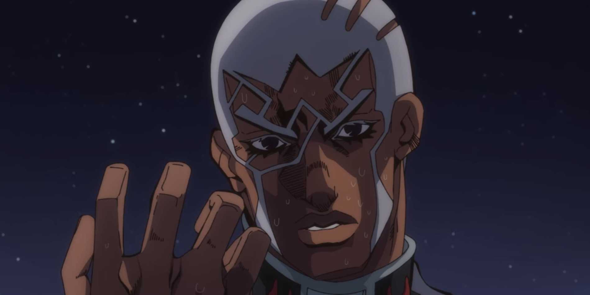 Pucci in JoJo's Bizarre Adventure, Stone Ocean, looking at his hand.