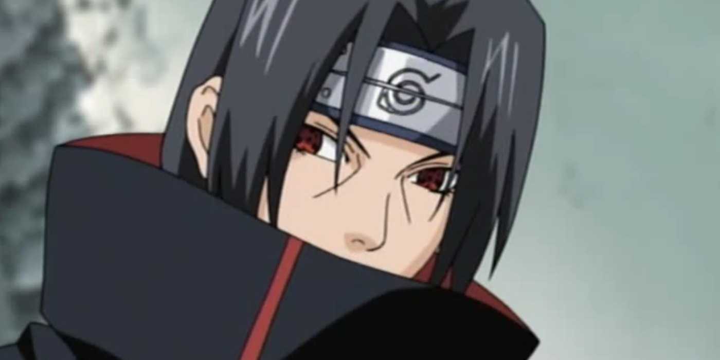 Itachi Uchiha looks to the side with his mouth covered.
