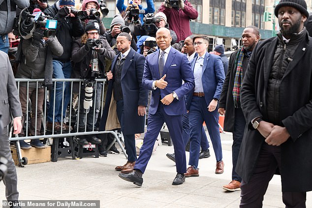 Adams' admission comes after he beat his corruption case, following a surprise intervention in February by the Department of Justice on his behalf (Pictured: Adams arrives at Manhattan federal court)