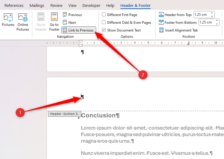 How to add different page numbers to different sections in microsoft word