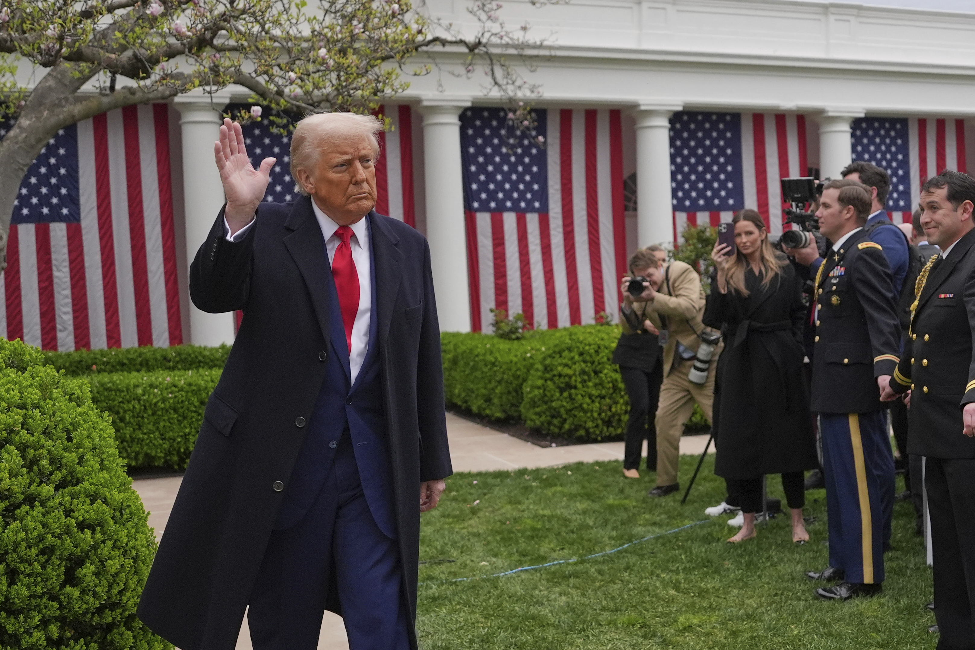 President Donald Trump departs after signing an executive order at an event to announce new tariffs in the Rose Garden of the White House, Wednesday, April 2, 2025, in Washington. Evan Vucci/AP
