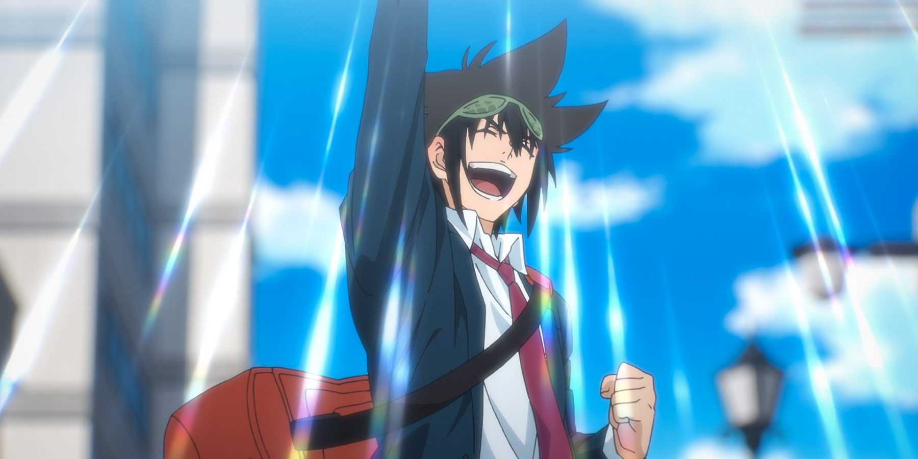 Jin Mori from God Of High School cheers while wearing his school uniform.