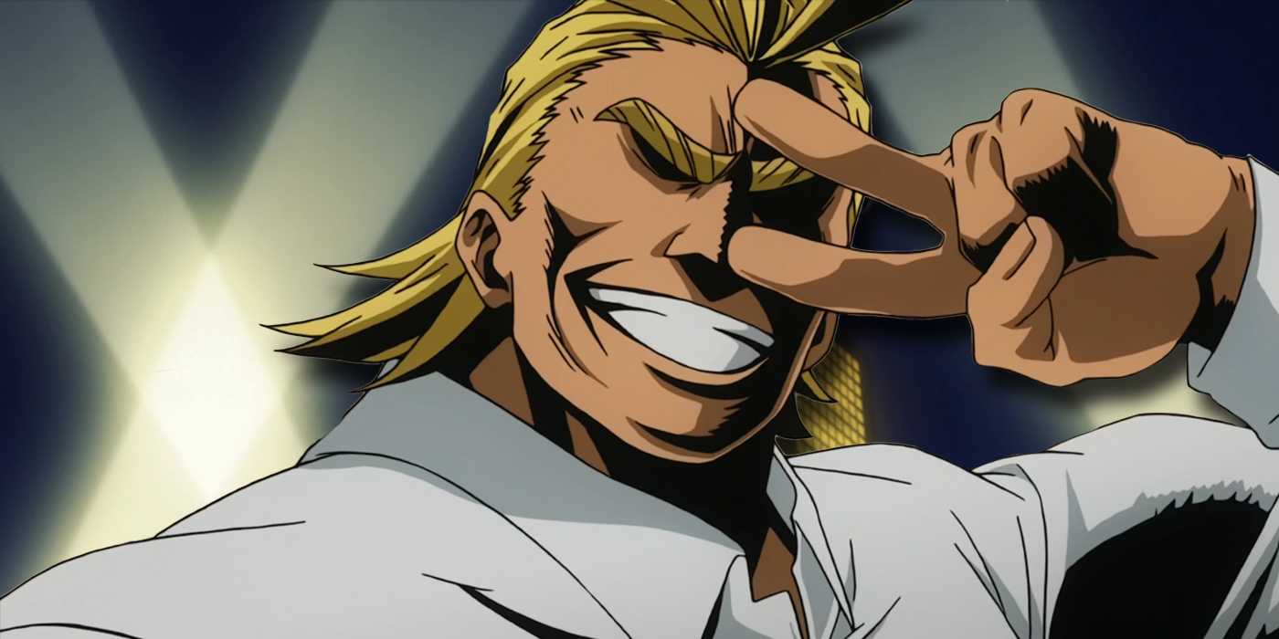 All Might gesturing a peace sign in front of spotlights and buildings at night.