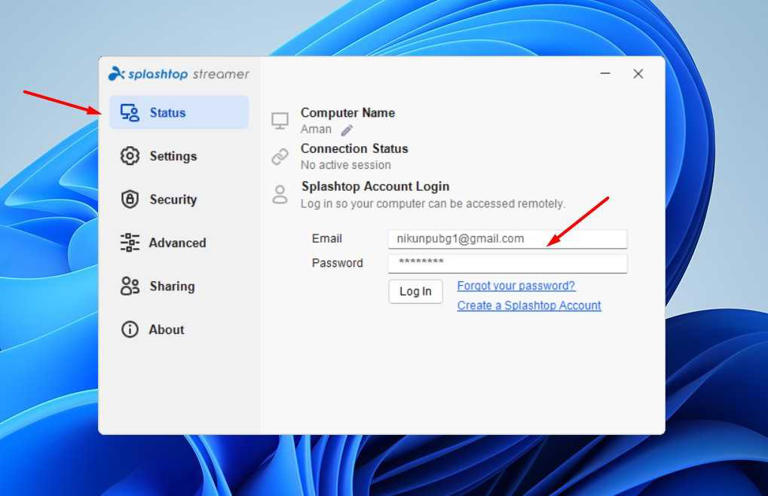 Status tab of the Splashtop streamer app.
